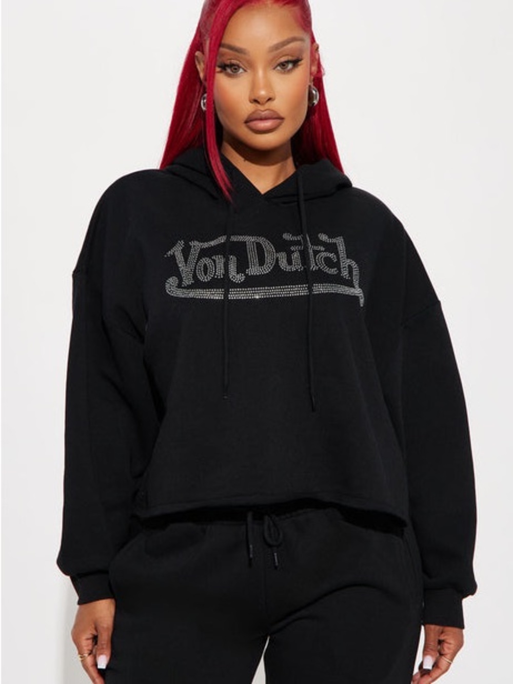 Y2K Von Dutch Black Rhinestone Logo Cropped Hoodie